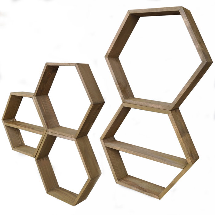 Hanah Home Hex003 Estantería de pared de madera de abeto, Nogal, 5 piezas Hanah Home Hex003 Estantería de pared de madera de abeto, Nogal, 5 piezas